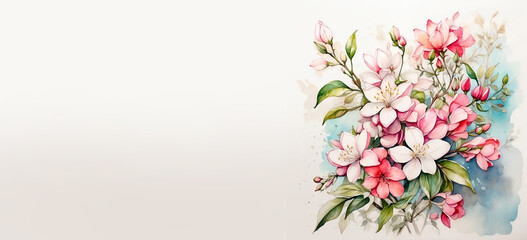 Romantic bouquet watercolor of Jasmine full view  in vase on a light background, in bright colors. For Birthday, Easter, Mother day, Valentine's day greeting banner, card, copy space.
