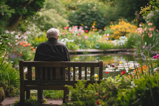Serene Elderly Person Sitting on Rustic Wooden Bench in Lush Garden, Surrounded by Blooming Flowers and Tranquil Pond, With Clear Sky Above, Evoking Peaceful Contemplation Concept