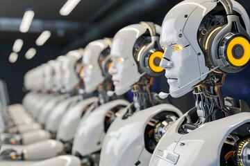 Humanoid Robots Wearing Headsets, Working Diligently as Customer Service Call Center Assistants, Concept of Technology Advancement in Customer Support Services