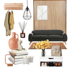 Stylish hall interior with different decorative elements and furniture on white background. Mood...
