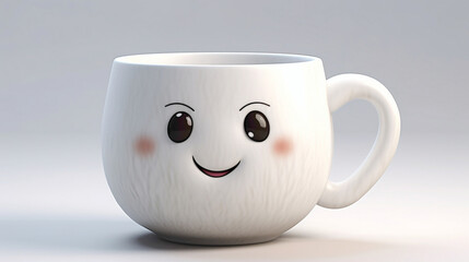 Charming cartoonish teacup with a cute face, filled with warmth and comfort against a pristine white background, promising cozy moments and delightful sips. - obrazy, fototapety, plakaty