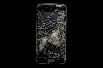 A mobile phone with a complex web of screen cracks isolated on a black background