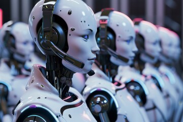 Fototapeta premium Female Humanoid Robots in Customer Service Call Center Setting, Wearing Headsets and Engaged in Work, Illustrating Technology and Service Industry Concept