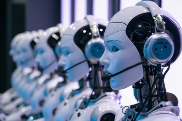 Robot Customer Service Representatives Wearing Headsets, Engaged in Diligent Work in a Call Center Concept