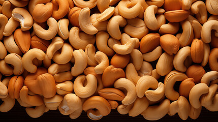 Lots of cashew nuts on a dark background - obrazy, fototapety, plakaty