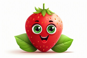 Charming cartoonish strawberry character, with a cute face and green leaves, against a clean white backdrop, symbolizing freshness and sweetness.