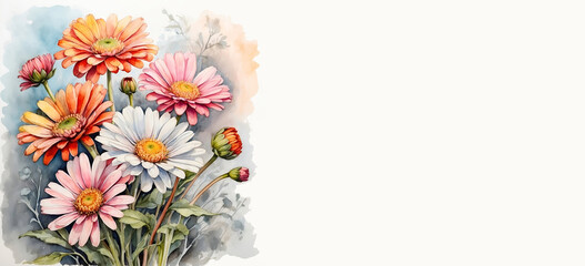 Romantic bouquet watercolor of Daisy in full view on a light background, in bright colors. For Birthday, Mother day, Valentine's day greeting banner, card with copy space. 