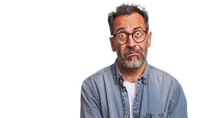 Portrait of a middle-aged man dressed in casual clothes with glasses looking for the camera.