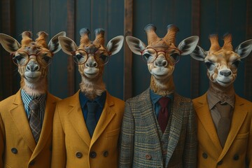 A group of giraffes in fashionable suits, their faces obscured, evoking a curious and engaging scene