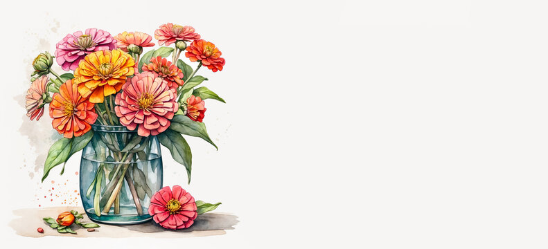Romantic bouquet watercolor of Zinnia full view  in vase on a light background, in bright colors. For Birthday, Easter, Mother day, Valentine's day greeting banner, card, copy space.
