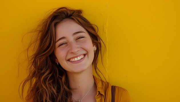 Smiling woman with yellow background, in the style of celebrity image mashups.