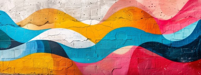 Colorful wave pattern street art on a textured urban wall, showcasing a dynamic blend of graffiti and abstract expression.