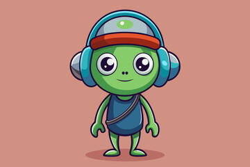 Funny hip-hop-Alien Cute wearing a monkey hat Put on headphones There was a slight smile at the corners of the mouth, easygoing. full body view. 