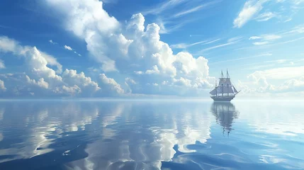 Fotobehang The reflection of a distant ship on the shimmering ocean, framed by the tranquil expanse of a cloud-kissed blue sky. © Marghoub