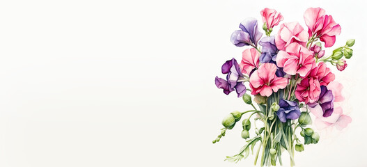 Romantic bouquet watercolor of Sweet pea full view  in vase on a light background, in bright colors. For Birthday, Easter, Mother day, Valentine's day greeting banner, card, copy space.