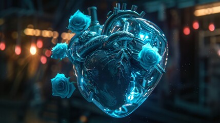 A futuristic heart shaped device entwined with glowing blue roses symbolizing the fusion of love and advanced technology