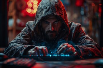 Dark hooded figure poised intensely over an illuminated keyboard, suggesting the theme of hacking or cyberwarfare