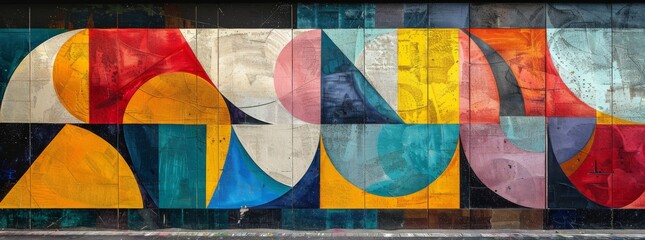 Geometric street art featuring abstract curved shapes in bold colors on an aged concrete wall.