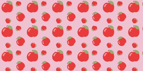 Flat Vector Apple Seamless pattern. Color Fruit background Cartoon Illustration. Botanical Repeat Pink template for Cover, Wrapping paper, Textile, Fabric. Decorative Graphic Art, Creative Backdrop.