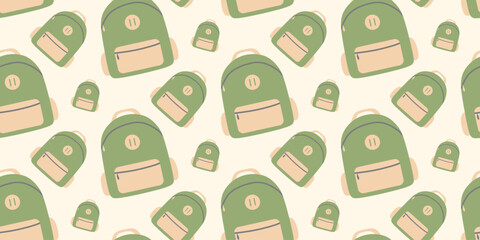 Seamless Backpack pattern. Vector Flat Illustration. Travel, nikes, trips tourism, voyage or vacation background wallpaper, textile, wrapping. Travelers luggage print. Sports bag. Model with pockets. - obrazy, fototapety, plakaty