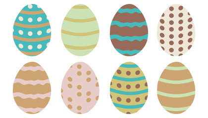 Easter Eggs Set. Vector Flat style Collection Isolated on white background. Cartoon Holiday elements with Stripes and Dots. Hand drawn Design Art for Greeting Cards, Celebration, Decoration.