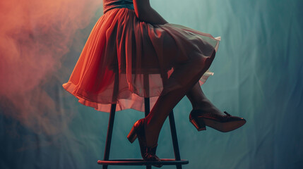 An elegant young woman sitting on a stylish stool, her trendy shoes peeking out from beneath her flowing skirt as she radiates confidence.