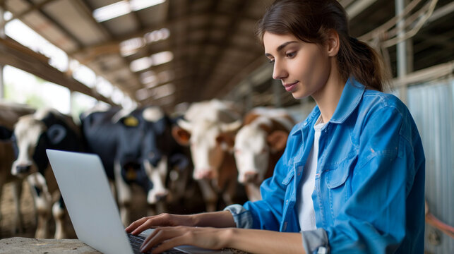 Smart Farming: A dairy farmer uses a laptop in a shed, integrating technology into cattle farming.