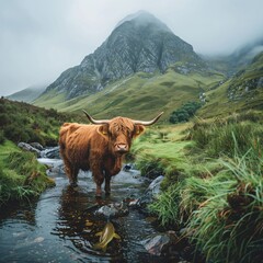 A serene highland cow standing amidst a misty morning landscape with a majestic mountain backdrop and a curious barbel fish peeking from a nearby stream