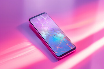 A phone with a cracked screen illuminated by vibrant pink and purple lights
