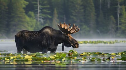 A bull moose eating lily pads in the lake in early morning. Shot in Algonquin Provincial Park, Ontario, Canada. - obrazy, fototapety, plakaty