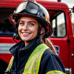 
Beautiful girl firefighter in uniform, against the background of a fire truck