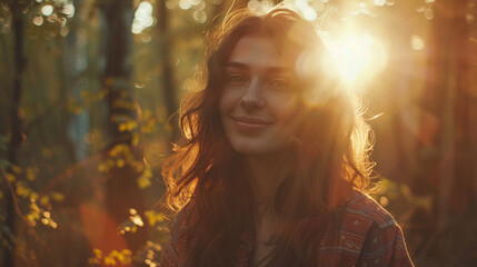 A candid shot of a brunette woman walking through a sun-dappled forest, her face illuminated by a serene smile.