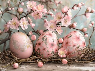 Easter wallpaper with eggs and flowers, shades of shabby chic