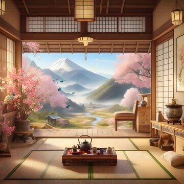 Japanese Interior of a house with large windows and beautiful views of spring. seamless video animation background. Cartoon or anime watercolor digital painting illustration style.