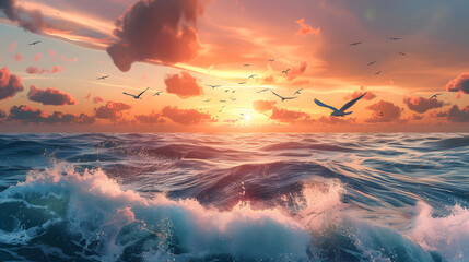 Photo of the sea and birds flying above it against the backdrop of sunset
