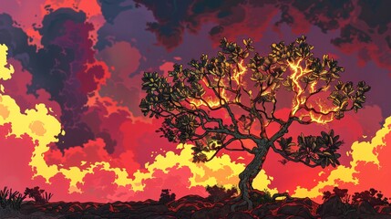 A surreal illustration of a plant with leaves that flicker and burn like flames thriving in a landscape shaped by fire and rebirth