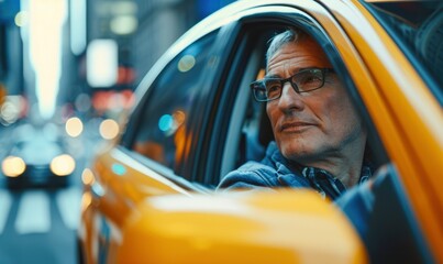Portrait of taxi driver. Driver driving through city in yellow car