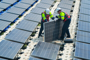 Photovoltaic engineers work on floating photovoltaics. workers Inspect and repair the solar panel...