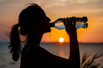 Photo of young girl against a sunset background, actively drinking water from plastic bottle after a run. Healthy lifestyle concept