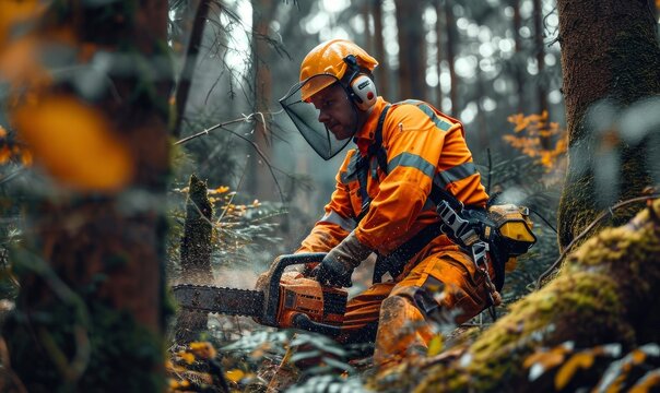 Forrest worker in orange protect suit holding chainsaw in his hand,
