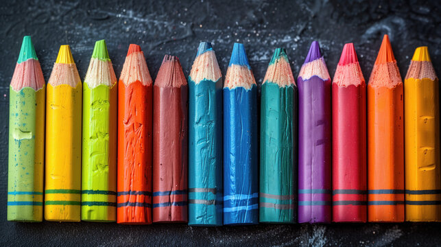 Colored pencils in a row on a dark background.  Top view
