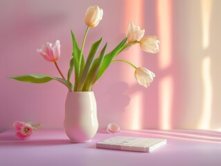 Pink Tulips in Vase with Window Shadows