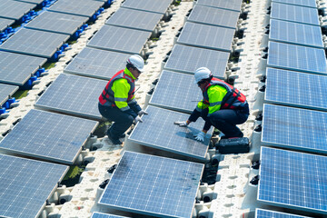 Photovoltaic engineers work on floating photovoltaics. workers Inspect and repair the solar panel equipment floating on water. Engineer working setup Floating solar panels Platform system on the lake.