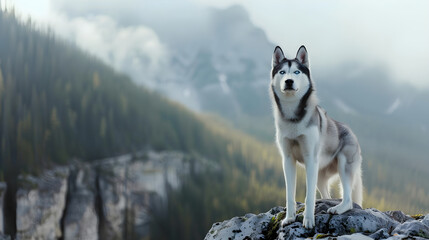 Black and white Siberian husky standing on a mountain in the background of mountains and forests....