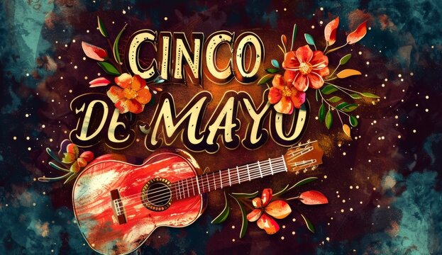 CINCO DE MAYO is a design with beautiful flowers and a guitar in the style of distinctive typography Generative AI