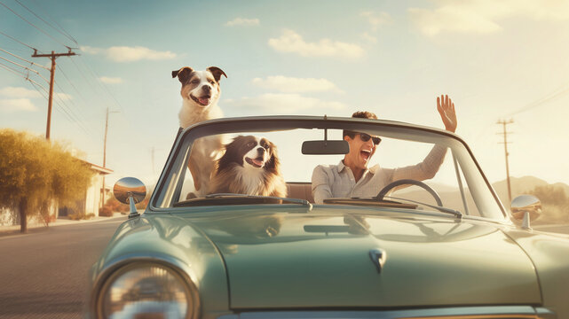 Beautiful sunset golden hour light photo of laughing man enjoying freedom with two cute dogs during evening convertible car tour. Lovely pets, animals, auto traveling and transportation concept photo