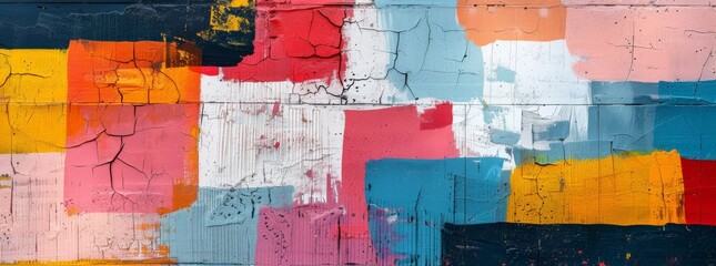 Abstract textured mural on a wall with bold, cracked paint blocks in a collage of red, blue, and yellow tones.
