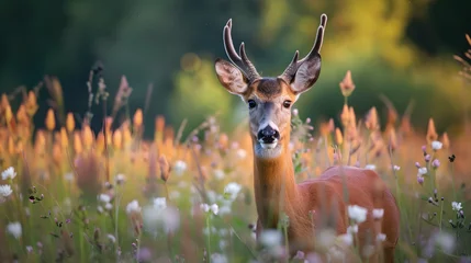 Fototapeten Buck capreolus capreolus in the summertime on a flower filled grassland. The Roebuck at dusk. Wild animal in its native habitat. adorable male deer in the woods © Pascal