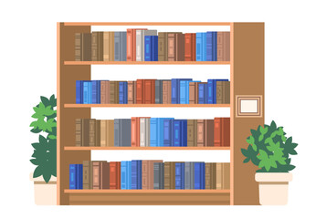 Bookshelf with colored books on isolated background. Flat vector element