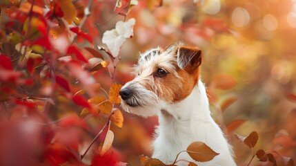 Charming Fox Terrier Amidst Autumn Splendor - obrazy, fototapety, plakaty